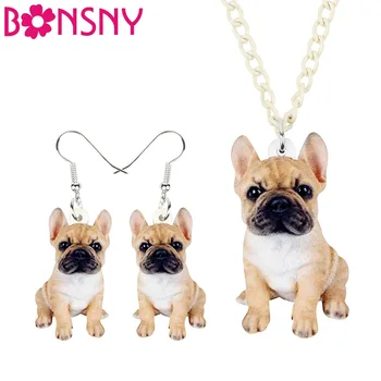 Bonsny Acrilice Set de Bijuterii Bulldog francez Câine de Cercei Colier Guler de Moda Animal Pandantiv Pentru Femei Accesorii Fete NE+EA