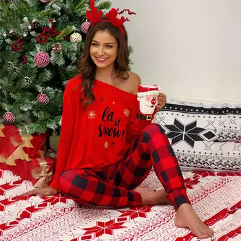 ZITY Crăciun Femei Personalizate Set de Pijama de Bumbac, Pijamale Lungi Zăbrele Pantaloni +Xmas Print T -Shirt Pijamale Femei Haine de Iarnă