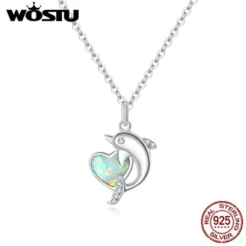 WOSTU Delfin cu Inima Colier Argint 925 Translucid Opal CZ Lung Lanț Colier Pentru Femei Bijuterii de Lux CQN412