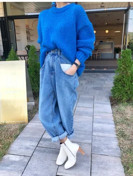 Harem De Femei Din Coreea De Talie Mare Albastru Clasic Casual Vintage Denim Jean Femme