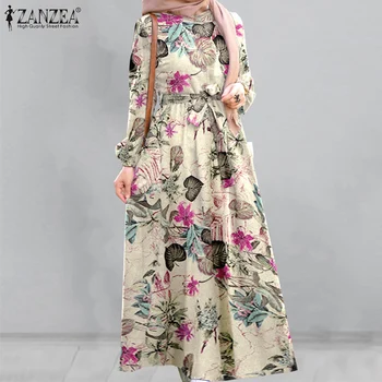 Retro Florale Imprimate Rochie Maxi pentru Femei Toamna Sundress 2021 ZANZEA de sex Feminin Abaya Dubai Hijab Musulman Rochie Caftan Vestidos Halat