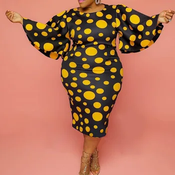 Vintage plus dimensiunea rochie pentru femei 3XL 4XL 5XL retro yellow polka dot imprimare falre maneca bodycon midi biroul de partid din africa rochie