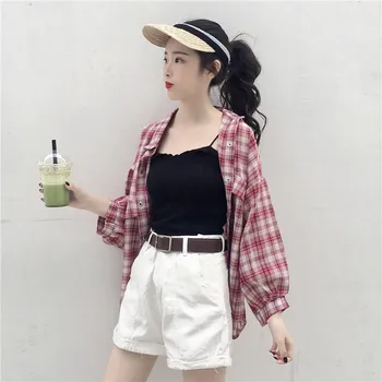 Toamna Harajuku Bluza Carouri Tricouri Femei Casual Pierde Retro Turn-down Guler Camasa cu Maneca Lunga Student Streetwear Agrement Topuri