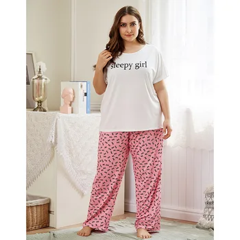 Doamnelor de primăvară de toamnă plus dimensiune pijamale pentru femei acasă purta costum cu maneci scurte T-shirt alb și print pantaloni lungi 4XL 5XL 6XL 7XL