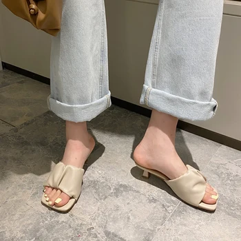 Magarii Femei Papuc De Vară 2020 Square Toe Cu Toc Doamnelor Sandale Din Piele Mujer De Înaltă Calitate Flip Flop Dress Pantofi Diapozitive