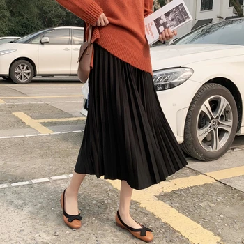 Elegant Solid Midi Fusta Plisata Femei 2020 toamna-coreean de înaltă talie O-linie șifon lung fuste femei negru