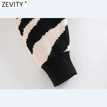 Zevity Femei 2020 Vintage Maneca Lunga Volane Casual Scurte Pulover Tricotate Femela Zebra Cu Dungi Șic Uza Cardigane Topuri S529