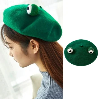 2021 Noi Femeile Drăguț Broasca Verde Ochii Bereta Pe Cap De Iarnă Lână Faux Kawaii Pictor Beanie Hat