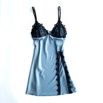 Cămașă De Noapte Roz Cu Dantela Neagra 2021 Femeie Matase De Gheață Bretele Sexy Cămașă De Noapte V-Gât Lace Imita Real De Mătase, Îmbrăcăminte De Noapte Homewear