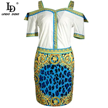 LD LINDA DELLA Pistă de Moda Costum de Vara pentru Femei de Pe Umăr Curea Topuri și Leopard de Imprimare de Epocă Fuste 2 Două Piese Seturi de Costume