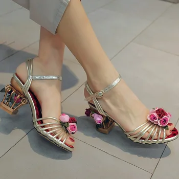 MStacchi 2021 Noi De Flori De Aur Femei Sandale Colivie Ciudat Tocuri Curea Glezna Cu Cataramă Doamnelor Sandale Sexy Pantofi De Nunta Pentru Femei