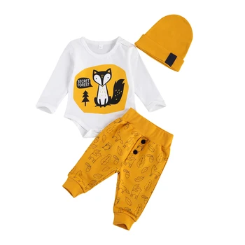 Baby Boy Fata de 0-18M Haine de Bumbac Stabilit Copil Nou-născut 3-piesă de Costum Set de Desene animate Vulpea Print Romper+pantaloni+hat Set pentru Copii Baieti