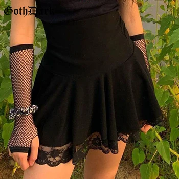 Goth, Gotic Întuneric Dantela Mozaic Tiv Fuste Mini Negre, Plisate Talie Mare-Linie Femei Fusta De Moda Toamna Tinute Streetwear