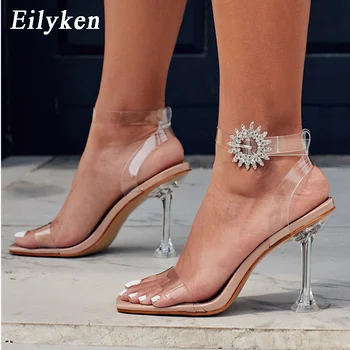 Eilyken 2021 Nou Sandale de Vara Femei din PVC Transparent Curea Glezna Cristal Cataramă Pantofi de Nunta de Moda Plexiglas pantofi cu Toc