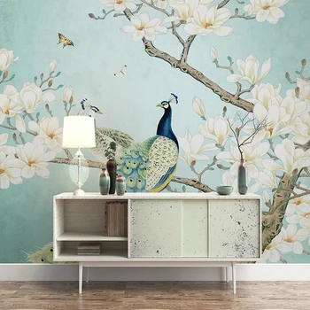 Chineză Stil 3D Păun Flori Și Păsări Mari Murale Foto Personalizat Tapet Living, Dormitor, Sufragerie Decor de Perete