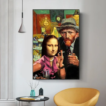 Art amuzant Mona Lisa și Van Gogh Nefumători Tablouri Canvas Wall Art Postere si Printuri Da Vinci Picturi Celebre pentru Camera de zi