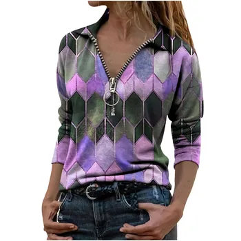 V-neck Zip Până Hoodies pentru Femei de Moda Rever Imprimare Geometrice cu Fermoar Hanorac cu Maneca Lunga Bluza Casual de Top de sex Feminin Jumper Moda