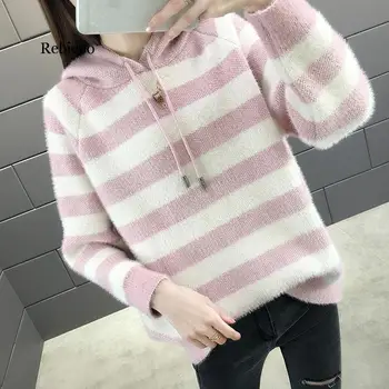 Gros Nurca femei pulover hoodie tricotaje, pulover coreea maneca lunga liber de cauzalitate haine de top dulce de Primăvară drăguț dungi Pulover