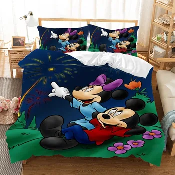 Disney Mickey Minnie mouse Desene animate Set de lenjerie de Pat Cuplu Minunat cu un pat Twin Plin Regele Plapuma fata de Perna cadou pentru copii
