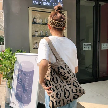 Femei De Moda Tricotate Geantă De Cumpărături Leopard Țesute Doamnelor Genți De Umăr Portabil Cârpă De Lână Genți De Mână De Mare Capacitate Casual Tote