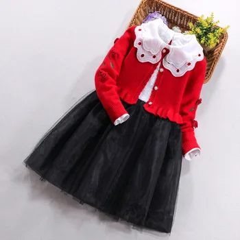 Fetita Seturi de Îmbrăcăminte de Moda noua Maneca Lunga Floare Copilul strat+rochie 2 BUC 3 4 6 8 11Y Copil Fete Purta toamna Iarna costume