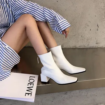 Nouă Femei Cizme De Deget De La Picior Pătrat De Cusut Doamnelor Papuceii Winter Fashion Designer Britanic Stil De Sex Feminin De La Jumătatea Vițel Cizme De Cauzalitate Femeie Pantofi