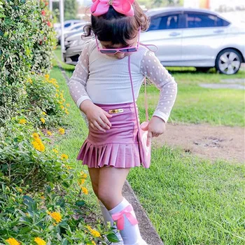 1-5A Copilul Fata 2-Piesă de Costum Vedea-Deși Dantela cu Maneci Lungi Tricou Top Printesa Roz Plisata Fusta Mini de Vară Casual Copil Tinuta
