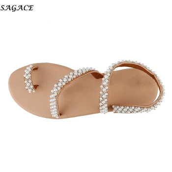 SAGACE Sandale Plate pentru femei de Vară Epocă Boho Perla Decor Sandale Femei Vacanță pe Plajă Pantofi femei din Piele Apartamente Pantofi 2019