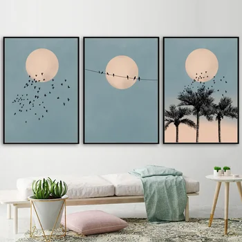 Sun Moon Pasăre Palmier, Peisaj Arta De Perete Panza Pictura Nordică Postere Si Printuri Poze De Perete Pentru Camera De Zi Decor De Perete