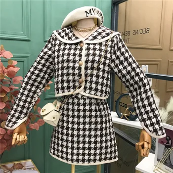 2020 Nou Toamna Houndstooth Vintage Two Piece Set Pentru Femei Culturilor Sus Scurt Sacou De Tweed Coat + Mini Bodycon Fusta Seturi Doamnelor Costume