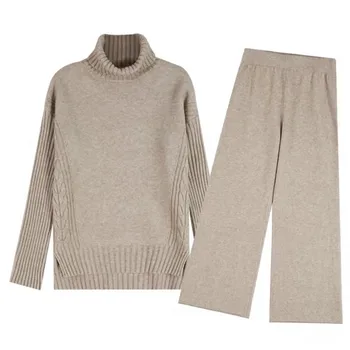 CBAFU pulover femei trening primavara toamna tricotate costume 2 piese set de cald pulover pulovere largă picioare pantaloni P763
