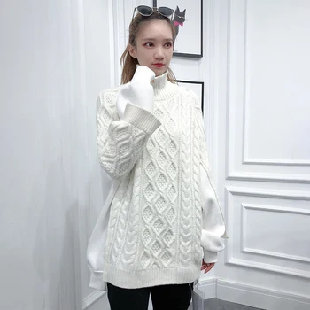 TWOTWINSTYEL Casual Mozaic Pulover tricotat Pentru Femei Guler Maneca Lunga Liber coreean Pulovere de Moda de sex Feminin Haine Noi