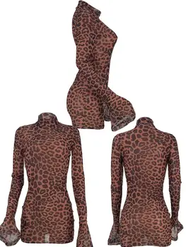 Sexy Leopard De Imprimare Pur Ochiurilor De Mult Flare Sleeve Petrecere De Seara, De Club Rochie Bodycon Mini Casual Vedea Prin Haine De Stradă Rochii