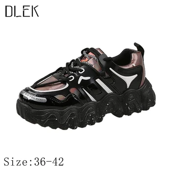 Dlek Doamnelor Adidasi Casual Gros Talpa Platforma de Primăvară/Toamnă Dantela-up Culori Amestecate Bling Negru Indesata Tata Pantofi