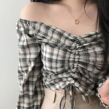 Femei Bluze cu Maneci Lungi V-neck Cordon Harajuku Scurt Cămașă de Moda Toamna Carouri Bluze Camasi