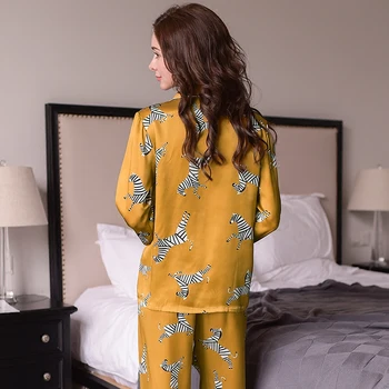 Moda Autentic de Mătase pentru Femei Pijamale Zebra Imprimate cu mâneci Lungi de Pijama Pantaloni Lungi Seturi de Viermilor de Mătase Pijamale Femei T8143