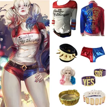 Suicide Squad Harley Quinn Cosplay Costum tricou, Sacou Haina Set Accesorii Cercei Guler Bratara Curea Mănuși