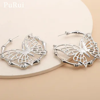 PuRui coreean Fluture Hoop Cercei Gotic Vintage de Culoare Argintie Mare de Bambus Hoop Cercei pentru Femei Declarație de Moda Bijuterii