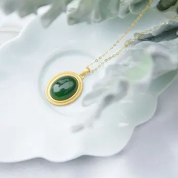 Naturale Hetian jad verde, jad Ovală Pandantiv Colier Chineză stil retro unic aur ambarcațiunile de farmec pentru femei bijuterii de argint