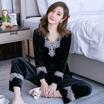 2020 Femei Toamna Iarna Catifea de Aur Seturi de Pijama Epocă Îngroșa Feminin Pijamale cu Dantelă V Gât Solide de Femei îmbrăcăminte de noapte