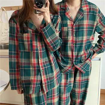 Toamna Uri Noi Simplu Casual Carouri Liber Inch Guler de Camasa Cuplu Pijamale, Haine de Acasă Bărbați și Femei, Costume Pereche de Pijamale