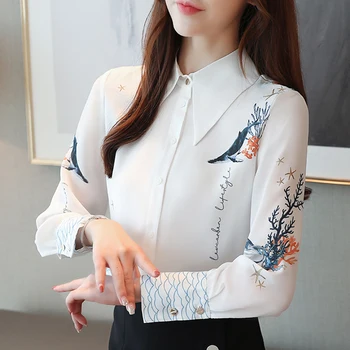 2021 Noua Moda De Primăvară Șifon Imprimare Femei Bluza Maneca Lunga Femei Albe Coreean Tricou Topuri De Sex Feminin Butonul De Înaltă Calitate Blusas