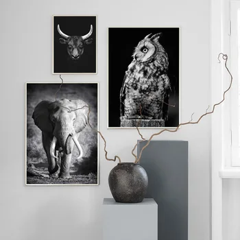 Alb Negru Elefant Bufnita Vacă, Cerb, Tigru Animale Arta De Perete Panza Pictura Nordică Postere Si Printuri Poze De Perete Pentru Camera De Zi