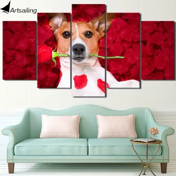HD Tipărite 5 Bucată de Pânză de Arta Câine care Deține Trandafiri Tablouri Poze de Perete Modular Muzica Poster Decor Acasă Transport Gratuit NY-7273C