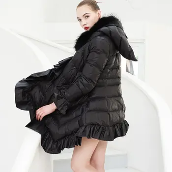 Moda pentru femei jacheta cu gluga volane elegante eșarfe talie O-Linie vrac jos haina cu glugă raton păr guler de sacou în jos