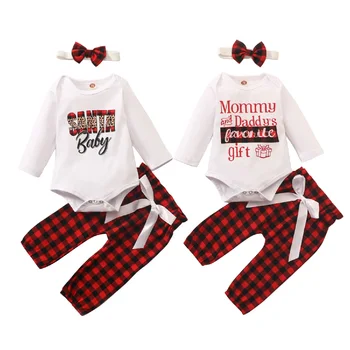 2020 Toamna Crăciun Toddler Girls Îmbrăcăminte Set Nou-născut Maneca Lunga Scrisoare de Imprimare Body + Pantaloni Carouri + Bentita 0-24M