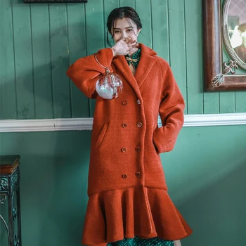 2020 Toamna Iarna Femei Elegante Slim Granat Roșu Haină De Lână Lung Doamnelor Coreean Dulce Liber Casual Coadă De Pește Tiv Jacheta De Lână