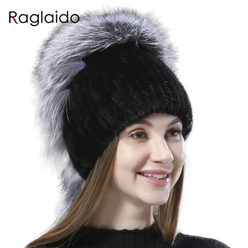 Pălării de blană pentru Femei Tricotate Nurca, Vulpe Pufos Iarna Cald Pălării de sex Feminin Beanie pentru Cap de 55-60cm Elastic Naturale Caciula de Blana