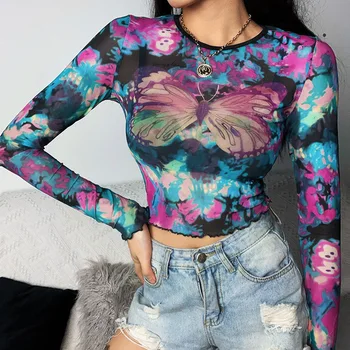 ArtSu Colorat Fluture Maneca Lunga Print Crop Top Tricou de Vară 2020 Femei Sexy Zburli Mesh Tee Shirt Femei T-shirt ASTS21549