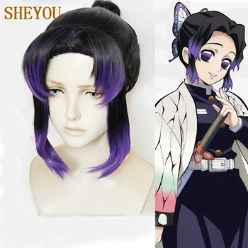 Anime Demon Slayer: Kimetsu nu Yaiba Kochou Shinobu Scurt Negru Violet Rezistente la Căldură de Păr Cosplay Costum Peruci + Capac de Peruca